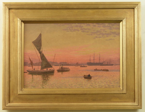 Oil Painting of Portsmouth Harbour under a red sky by Martin Snape