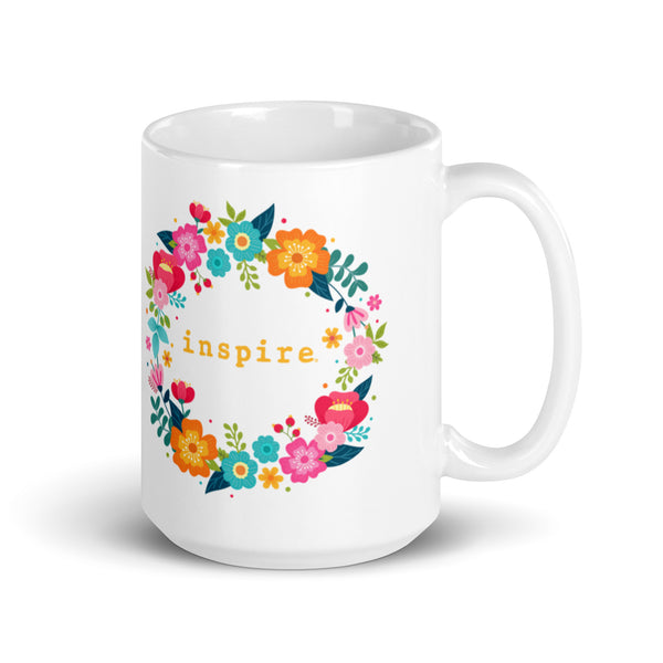 inspire Floral Wreath White glossy mug