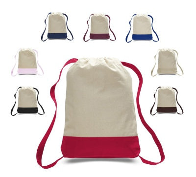 assortment of drawstring backpacks in two colors