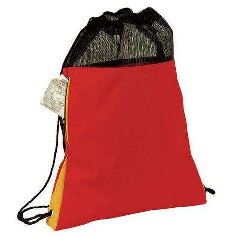 Tri Tone Polyester Mesh Drawstring Bag W/ Side Pocket