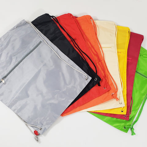 96 ct Promotional Polyester Drawstring Bags with Front Pocket -ASSORTED COLOR PACK (CLOSEOUT)