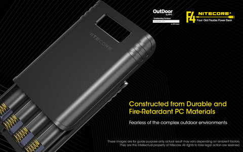 Nitecore F4 Four Slot Flexible Power Bank is a constructed from durable and fire retardant PC materials.