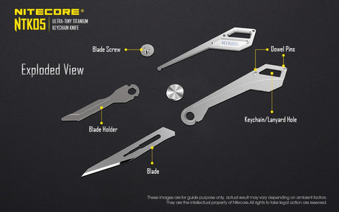 Nitecore NTK05 Ultra Tiny Titanium Key chain Knife has an exploded view of blade holder, blade screw, dowel pins, key chains and lanyard hole.