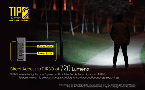 Nitecore TIP2 has direct access to turbo of 720 lumens.
