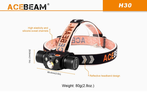 Weight and size of Acebeam H30 headlamp