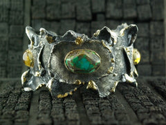 CHURCHILL Private Label 18K Yellow Gold, Fine Silver and Turquoise Cuff with Citrine