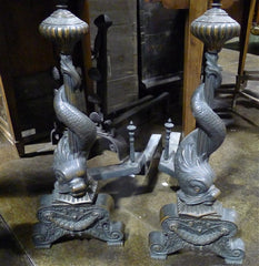 Antique Italian Dolphin Figural Fireplace Andirons in Bronze