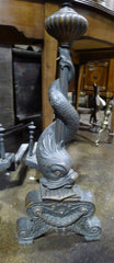 Antique Italian Dolphin Figural Fireplace Andirons in Bronze