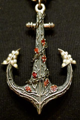 Ugo Cacciatore Sterling Silver, Pearl, and Red Tourmaline Anchor Necklace