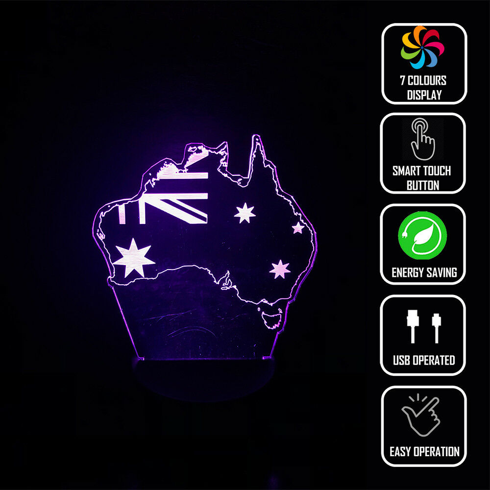 AUSTRALIA AUSSIE UNION JACK 3D Acrylic LED 7 Colour Night Light Touch Table Lamp 