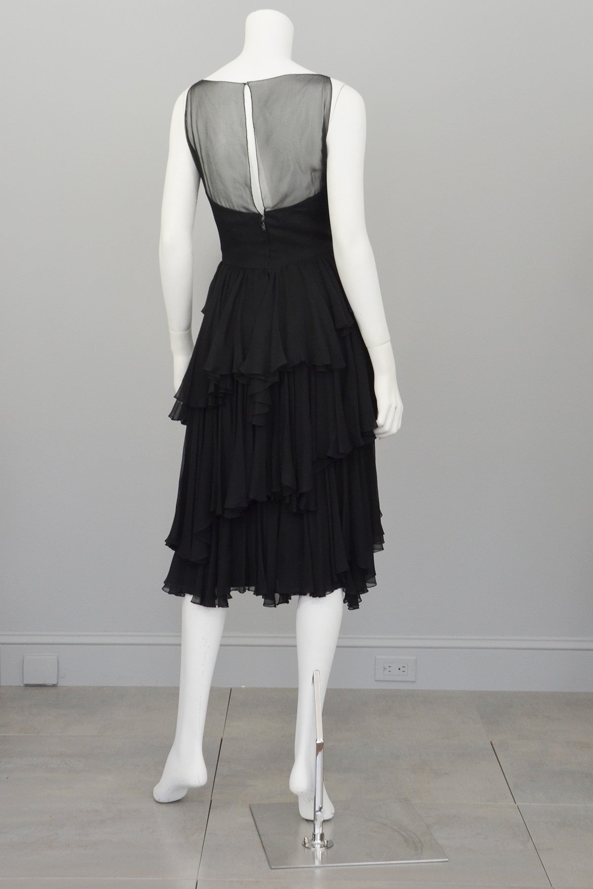 Vintage 1960s Black Chiffon Tiered Skirt Cocktail Dress | VintageVirtuosa