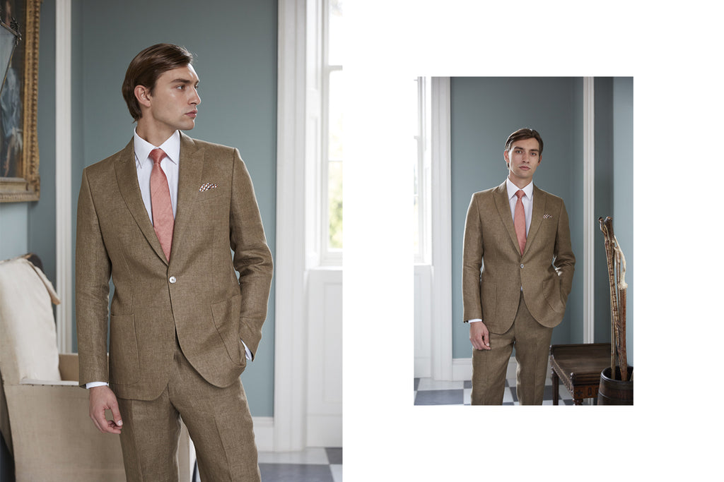A male model wearing a stunning khaki linen suit by Favourbrook