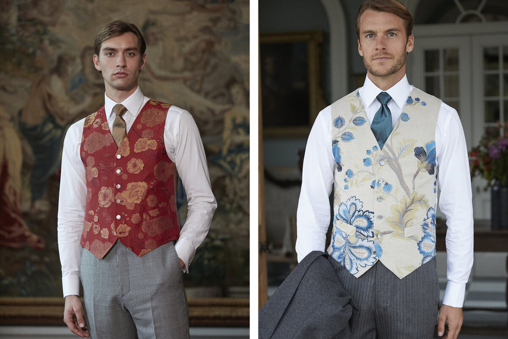 Two models wearing a ornate silk waistcoats by Favourbrook.