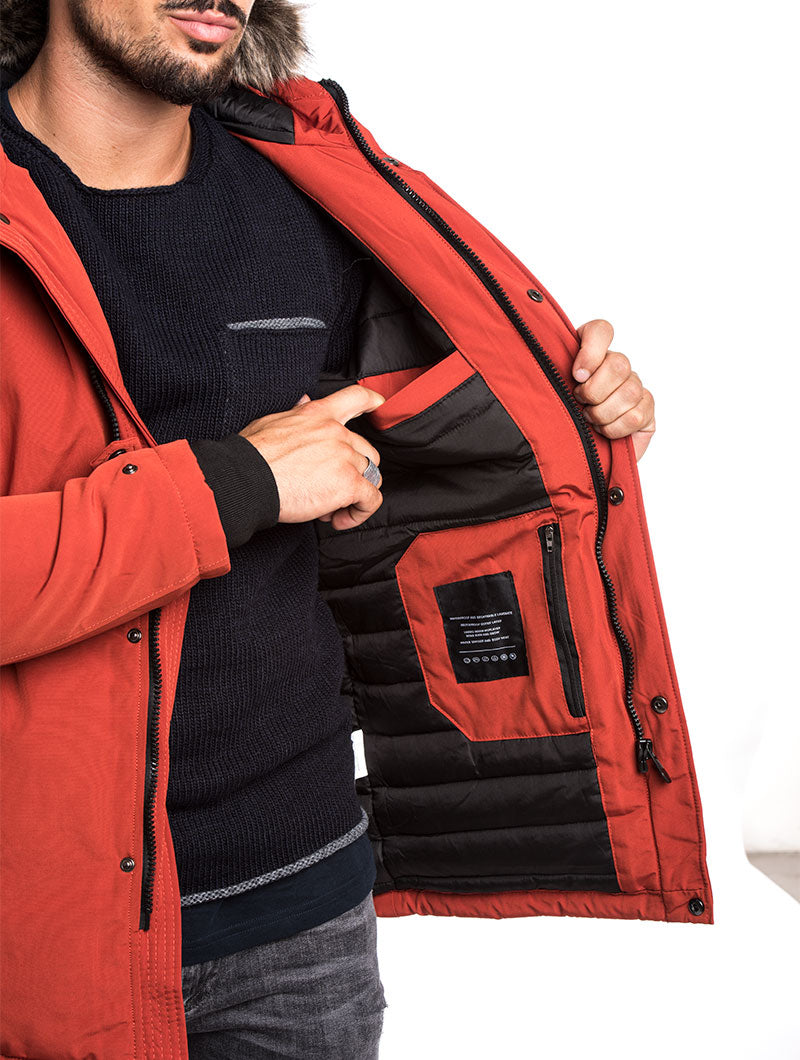 MEN'S CLOTHING | HOODED JACKET IN ORANGE | DETACHABLE FAUX-FUR TRIM | NOHOW