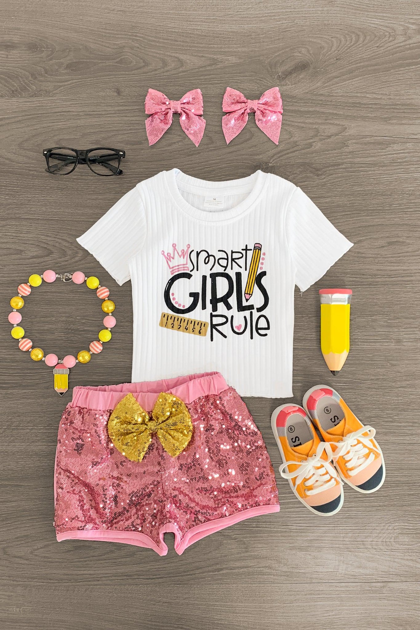 "Smart Girls Rule" Pink Sequin Short Set - Sparkle in Pink