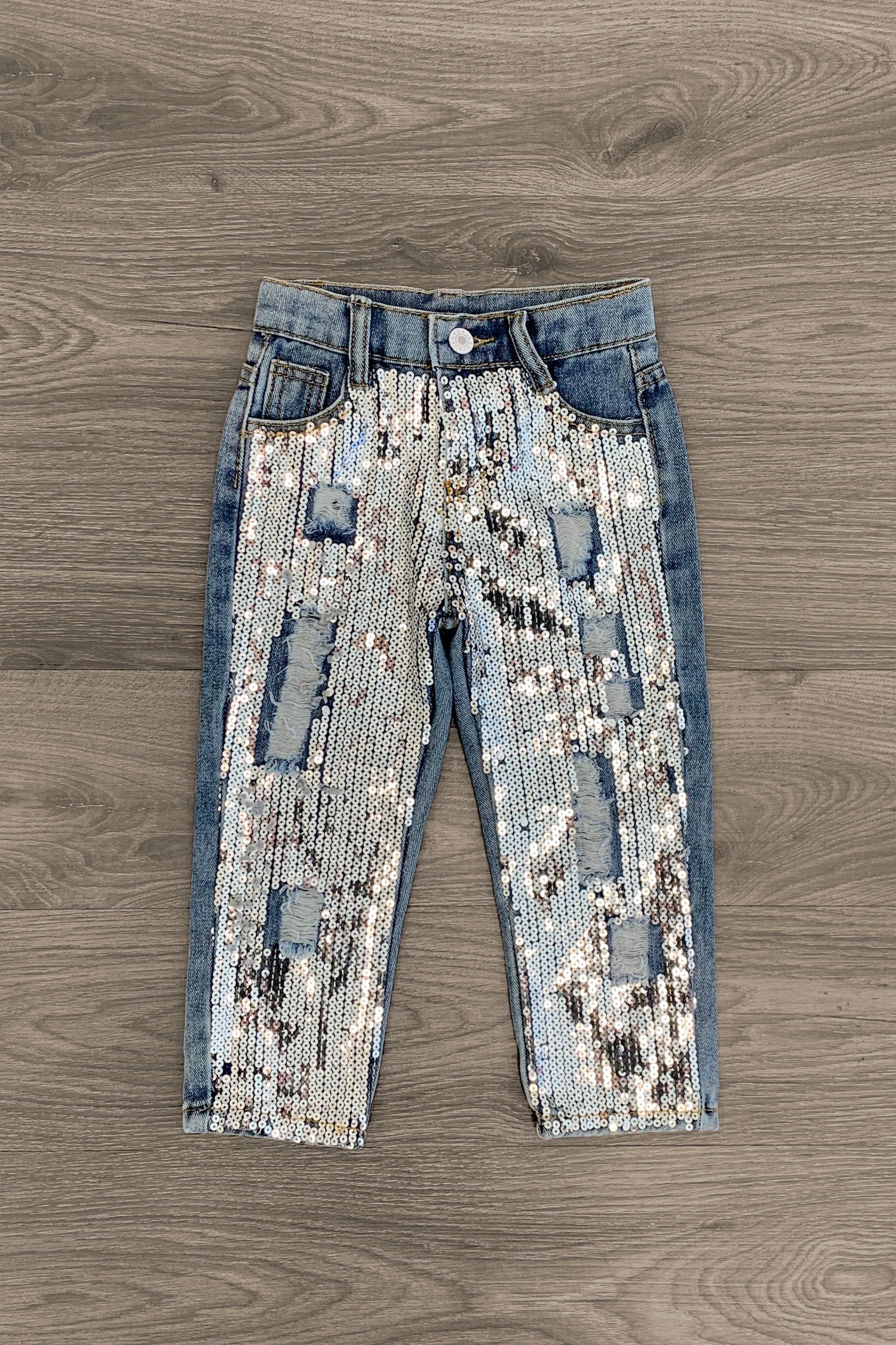 distressed sequin denim jeans