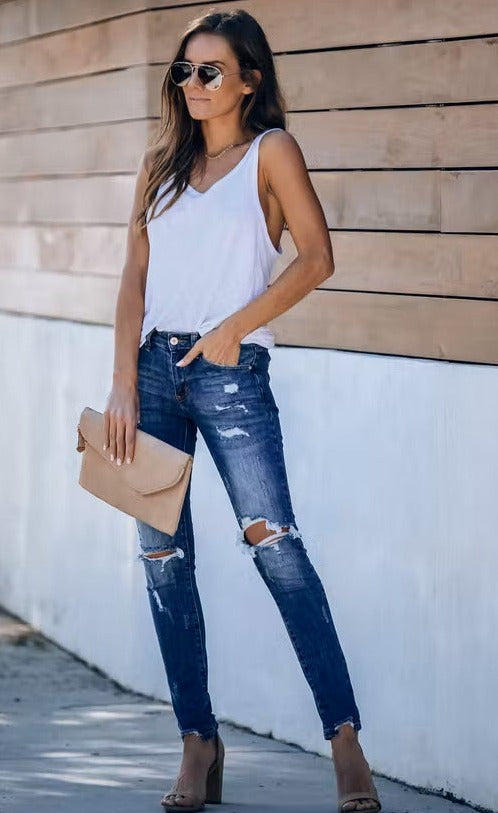 Midrise Destructed Ankle Skinny Jeans | Women's Denim – Jolie Vaughan Mature Women's Online Clothing Boutique