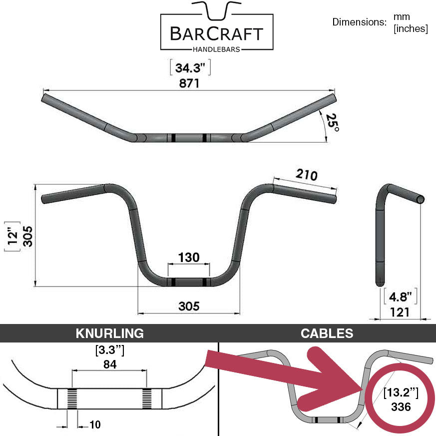 barcraft handlebars ape hanger cable length and height dimensions
