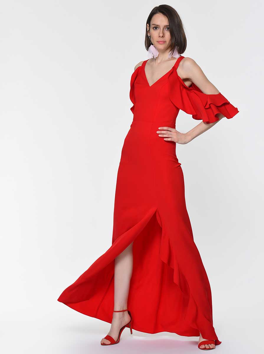 Roman Ruffle-Sleeve Slit Gown. 1