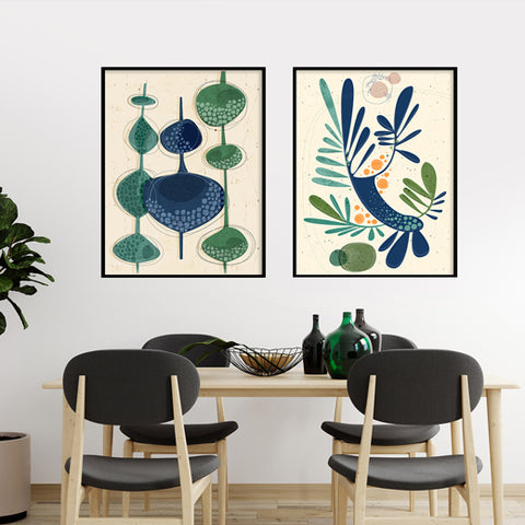 2 blue toned abstract works of art in a boho theme