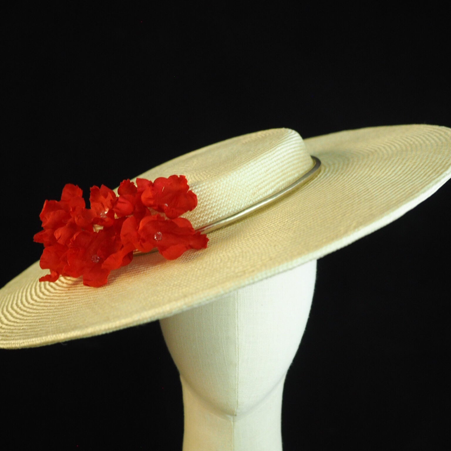 Eugenie - Shallow crown Bergere style hat with silk flower blossoms - NOELEEN MILLINERY HONG KONG