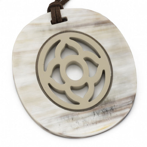 Buffalo Horn Oval Pendant, Carved Center, Wheat Lacquer