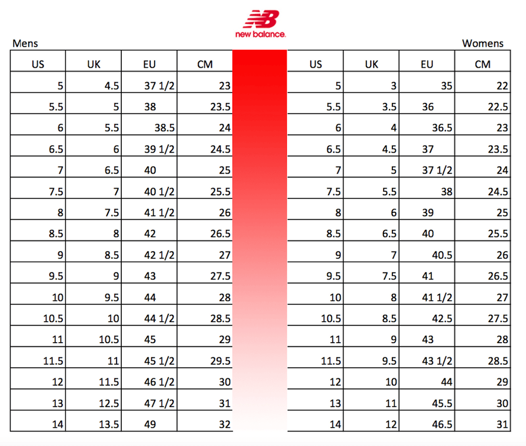 New Balance Size Chart - The Athlete's Foot