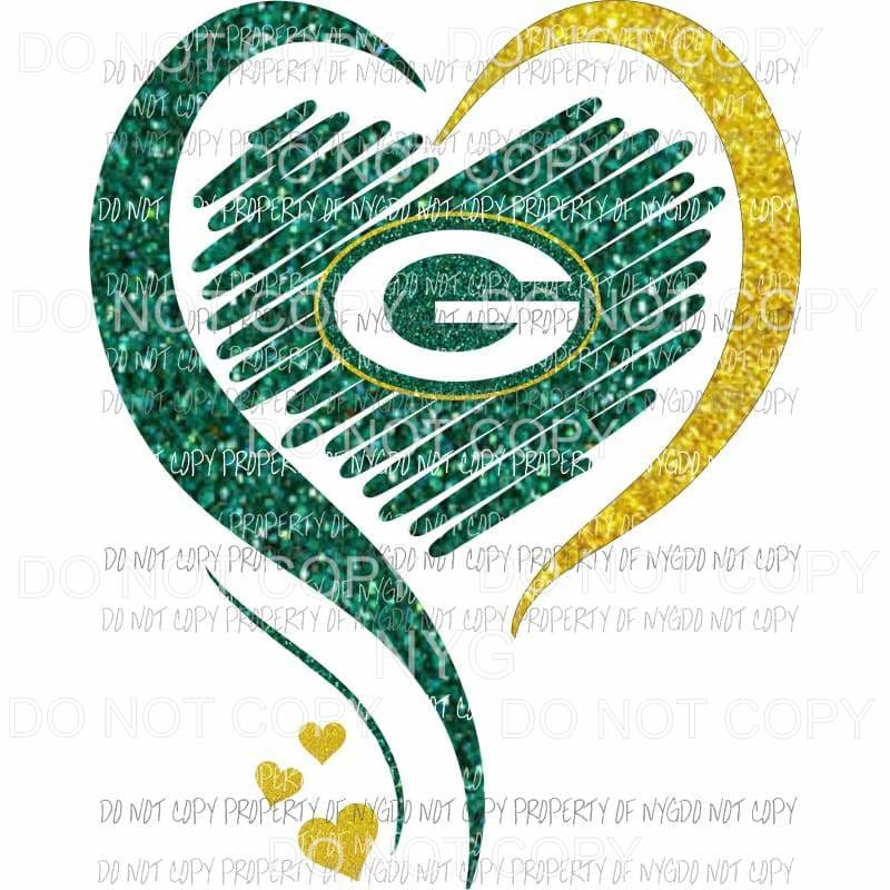 Green Bay Packers Heart Green Gold Glitter Sublimation Transfers Mygypsies