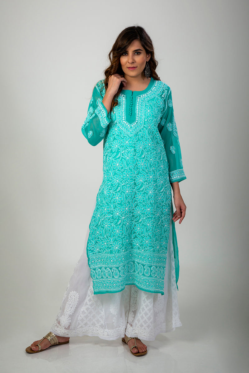 Lucknow Chikan Emporium Hand Chikankari Kurti (Sea Green Color)