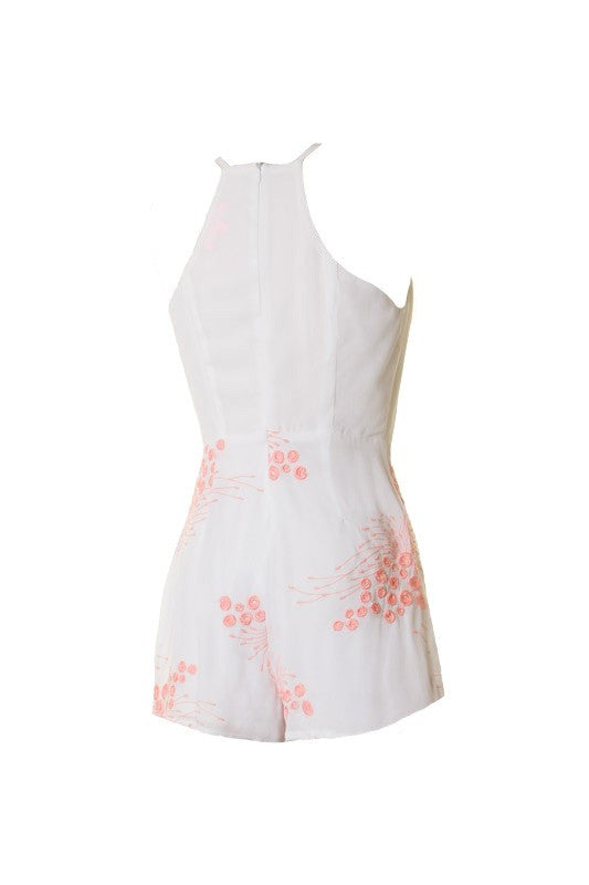 Summer White Sleeveless Romper with Pink Embroidery