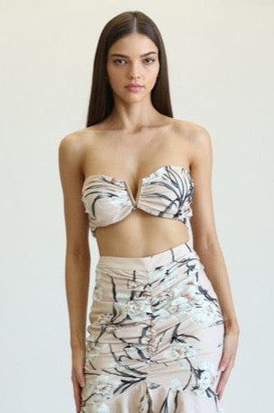 Elegant Nude Multi-Color Floral Print Gold Detailed Strapless Crop Top