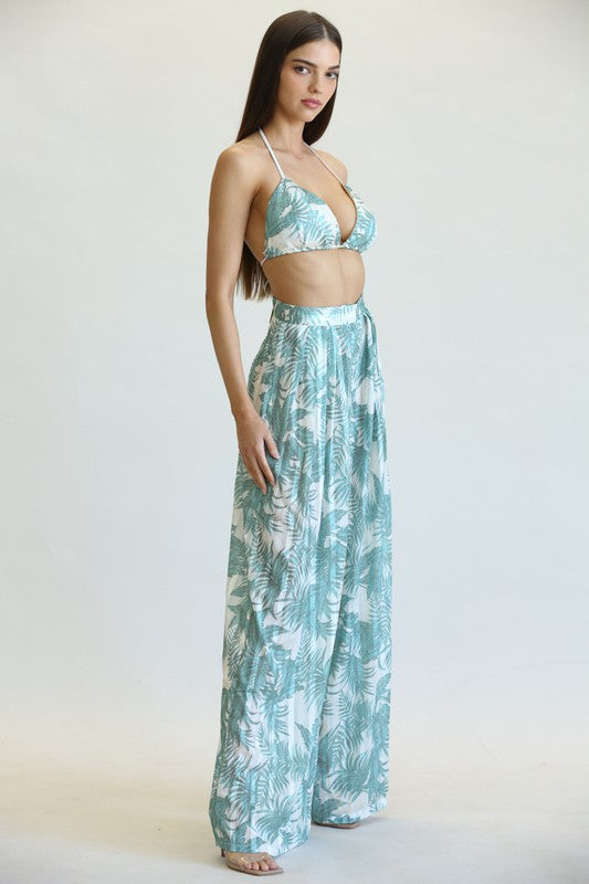 Fashion Sage Tropical Print Silver Detailed Crop Top
