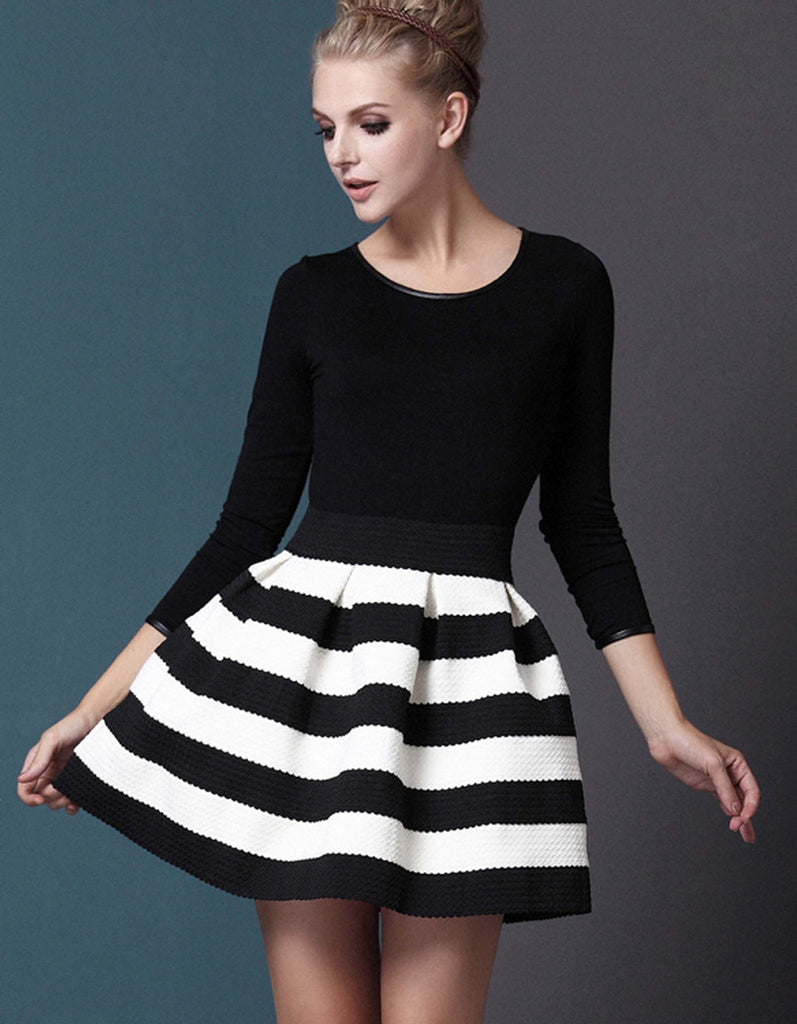Black & White Slim Knitted Ladies Long-sleeve Dress – EDITE MODE