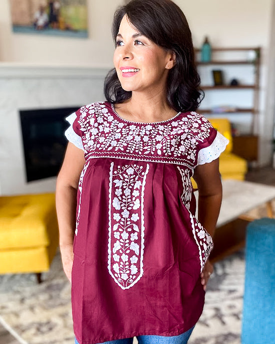 Natalia Lace Blouse - Maroon with White Embroidery