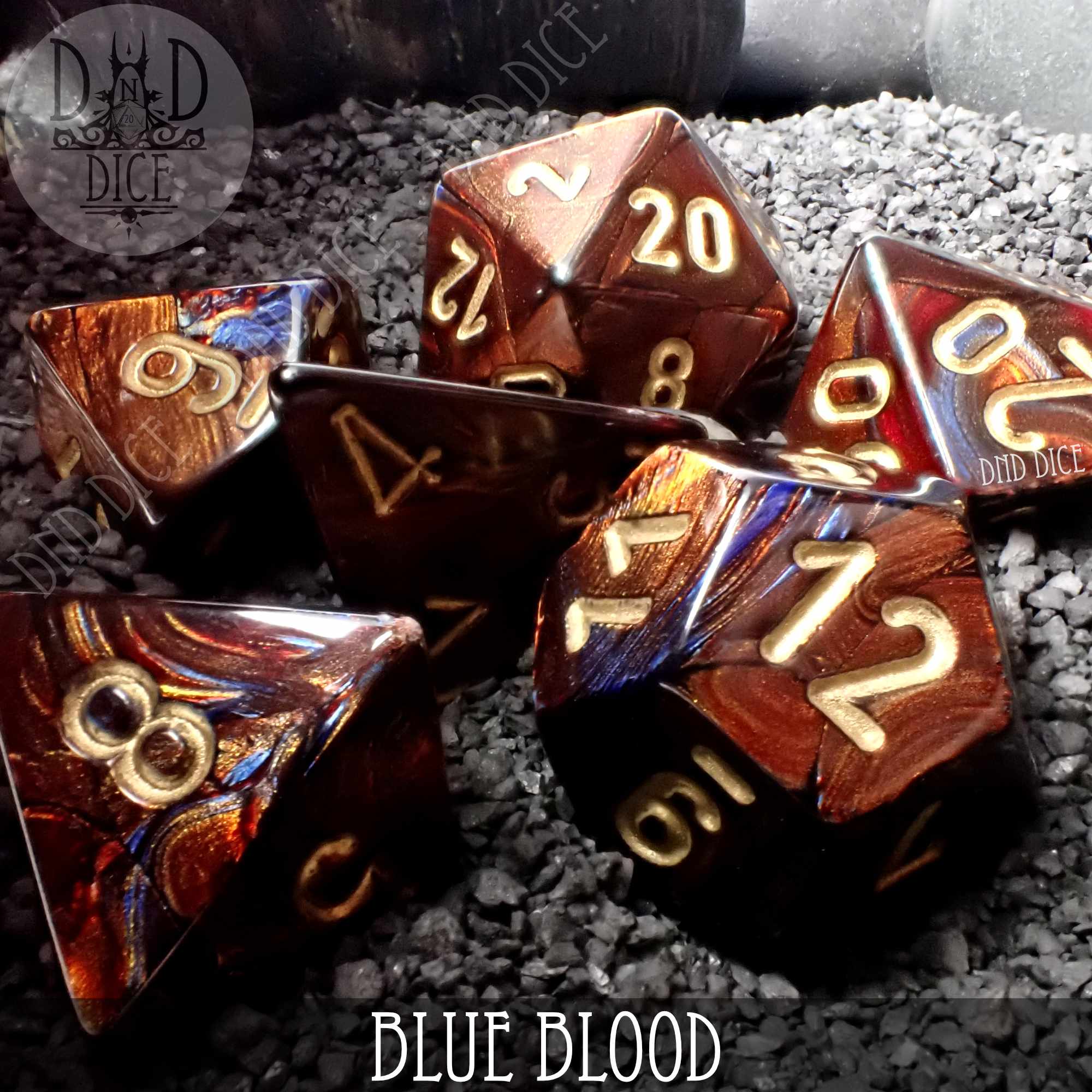 DnD Chessex Dice Poly Scarab Blue Blood w/ Gold Set of 7-27419 Free Bag 