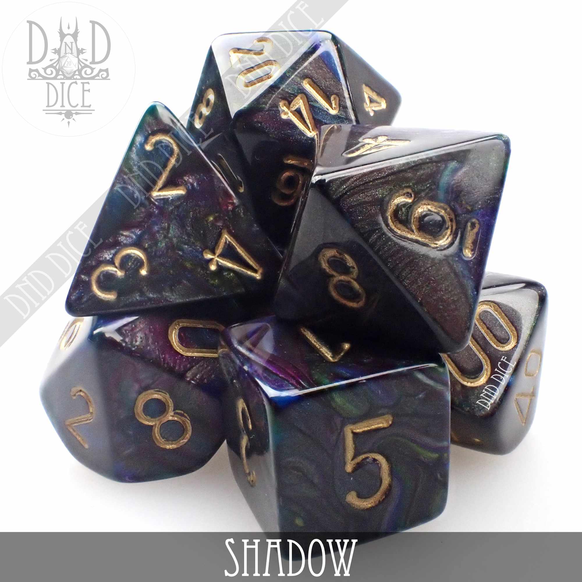 Set of 7-27499 Free Bag DnD Lustrous Shadow w/ Gold Chessex Dice Poly 