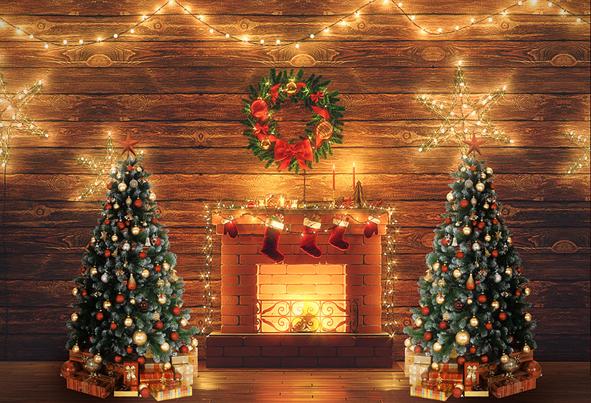 Warm Christmas Tree Fireplace Backdrop for Photography D805 – Dbackdropcouk