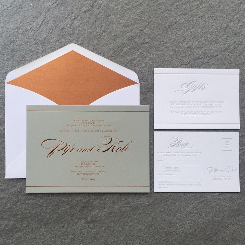 rose copper terrace press wedding invitation