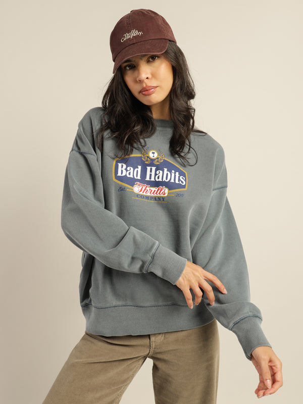 Bad Habits Die Hard Slouch Crew in Airforce Blue