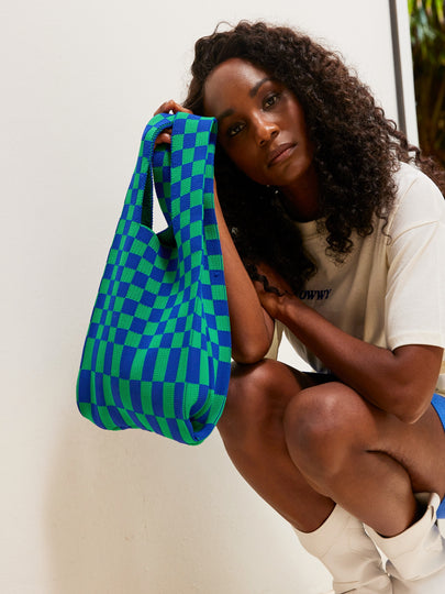 Check Knit Tote Bag in Blue & Green