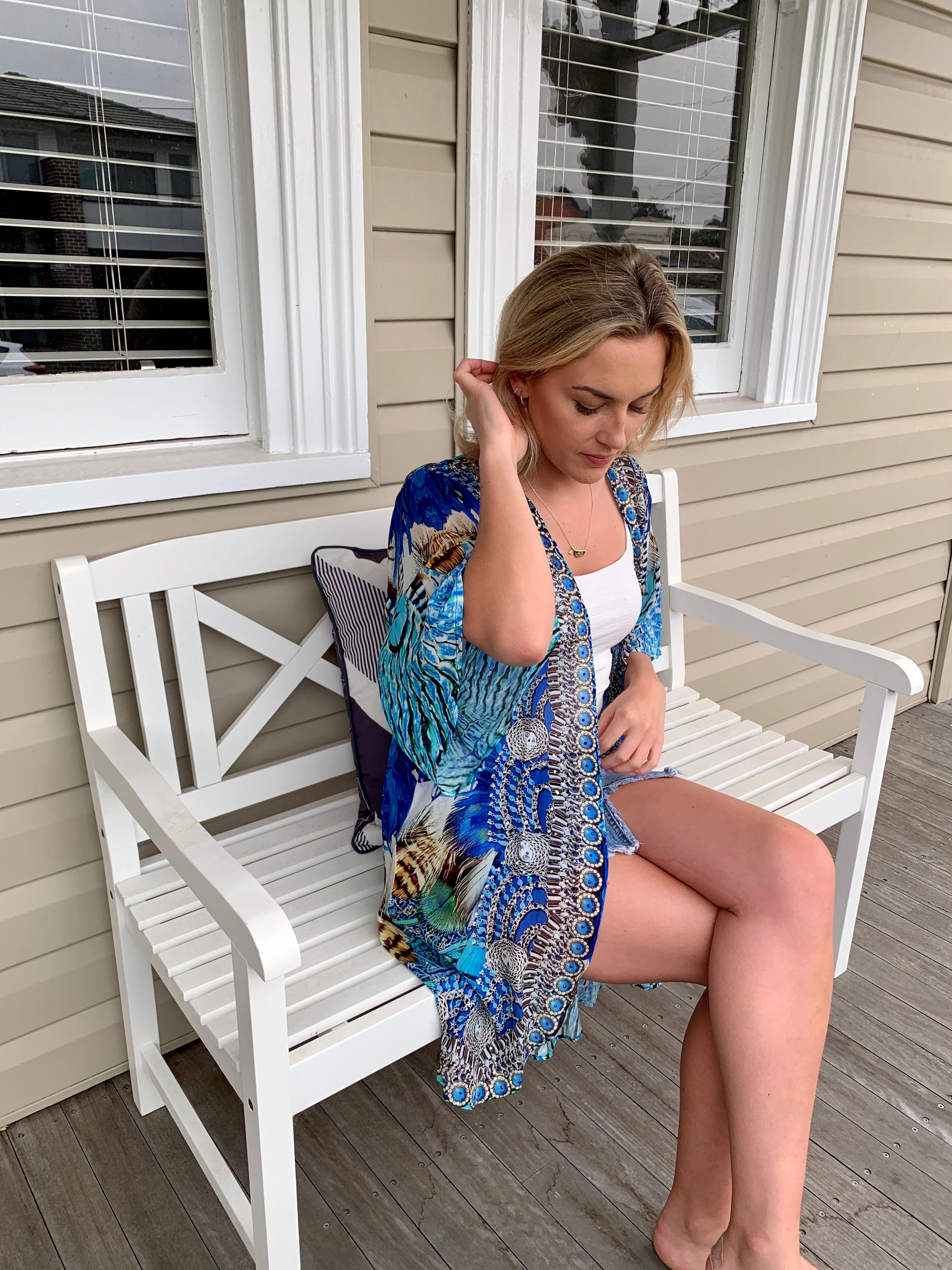 Blue Feather Embellished Cape