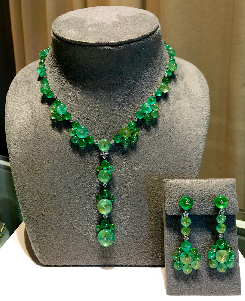 AF-JEWELERS-ROUND-CABOCHON-EMERALD-DIAMONDS-Y-NECKLACE-DROP-EARRINGS