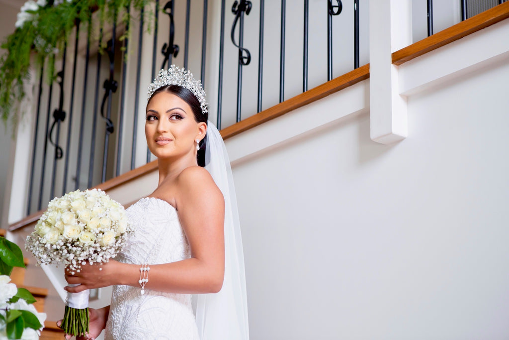 Georgette in her wedding ensemble wearing our Katrina Crown