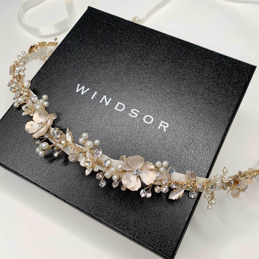Carmella Bridal Vine Belt with Brass Flowers on Windsor Packaging