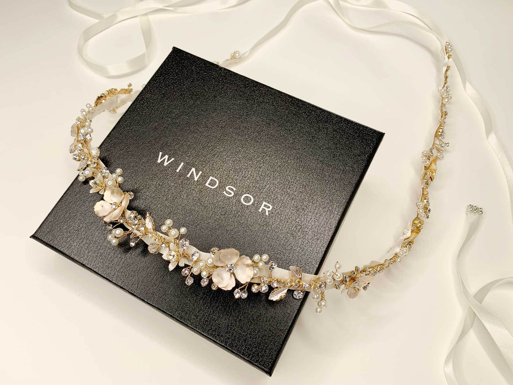 Custom Gold Floral Bridal Belt photographed on Windsor Bridal Jewellery Packaging