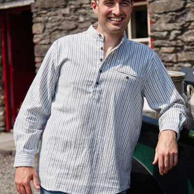 Grandfather Shirt Mens Flannel Blue Ivory Stripe