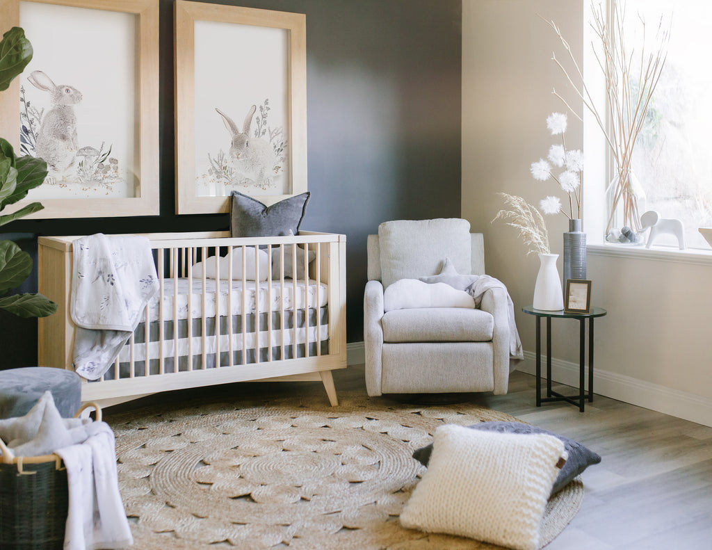 dark gray wall in full nursery view with bunny bedding