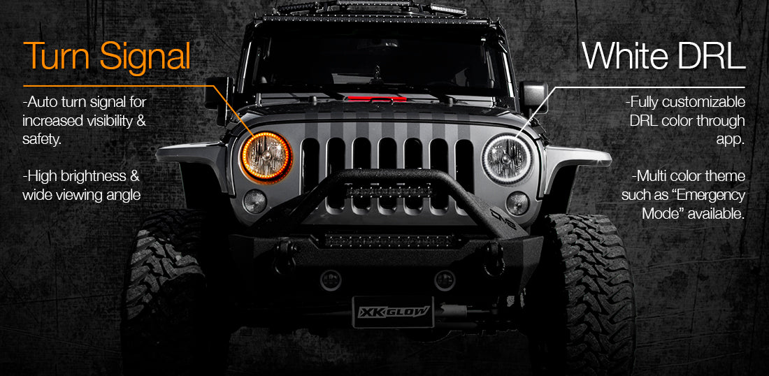 XKGLOW XK-7RING-KIT 2pc 7" RGB LED External Jeep Halo Ring XKchrome Bluetooth App Controlled Kit w/ Turn Signal and DRL Function