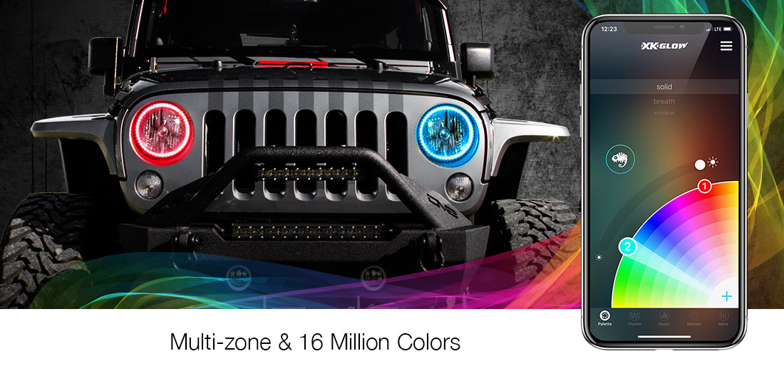 XKGLOW XK-7RING-KIT 2pc 7" RGB LED External Jeep Halo Ring XKchrome Bluetooth App Controlled Kit w/ Turn Signal and DRL Function