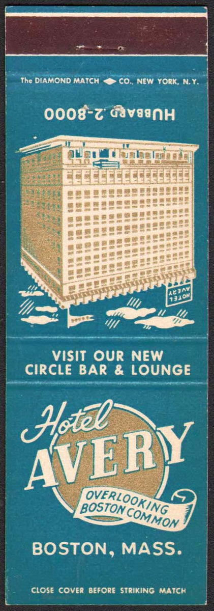 Vintage matchbook cover HOTEL AVERY hotel pictured Boston Mass unstruck n-mint 